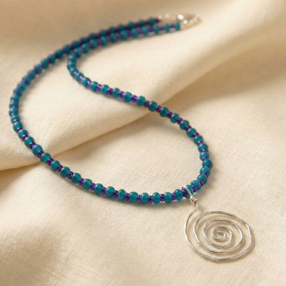 Ross-Simons Murano Glass Beaded Necklace Sterling Silver Spiral 17 in